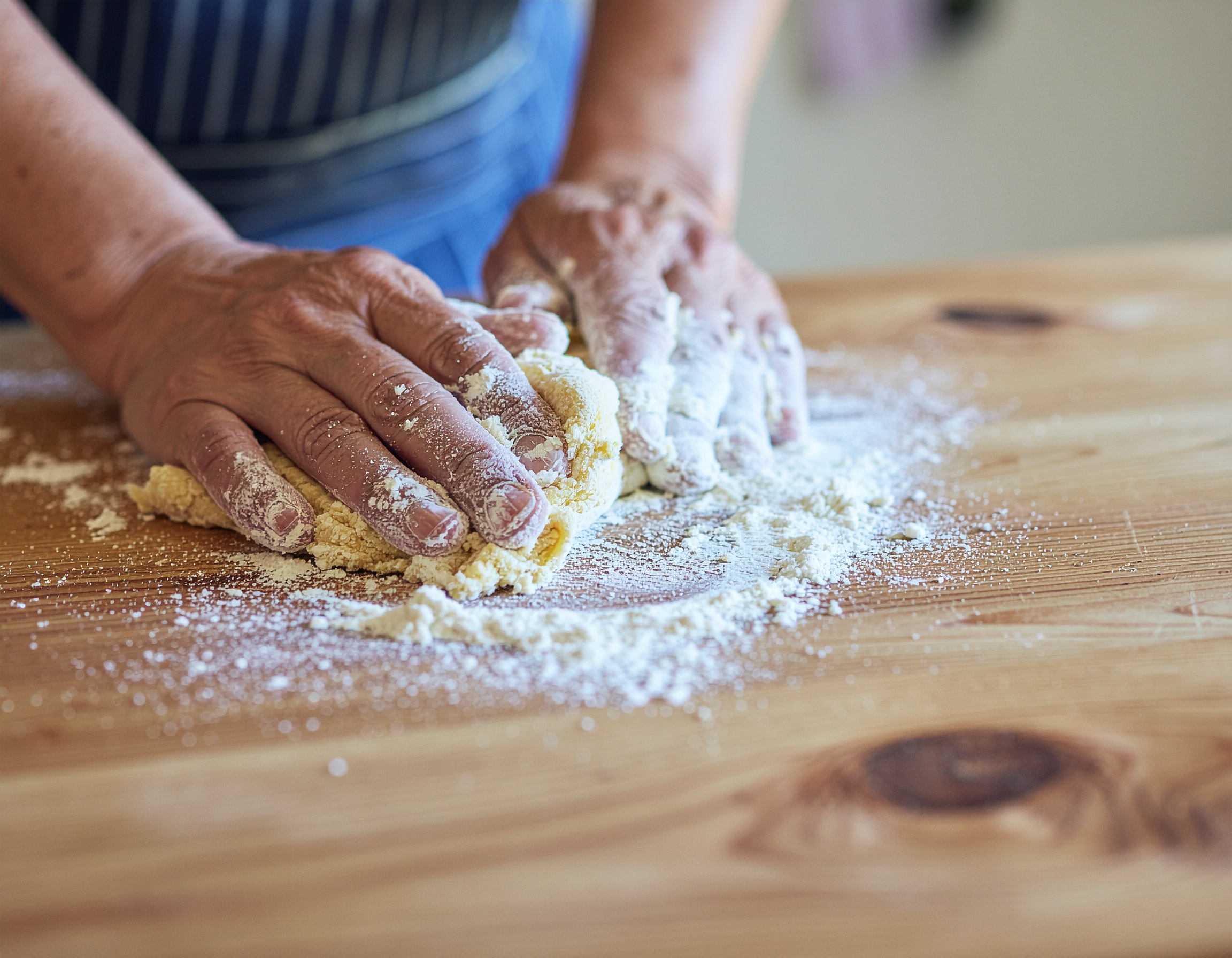 Mãos amassando massa sobre uma mesa de madeira, com farinha espalhada ao redor. A imagem tem iluminação suave, destacando a textura da massa e das mãos. A cena tem uma sensação de aconchego e criatividade culinária, capturada em um ângulo próximo que enfatiza os detalhes da preparação artesanal.